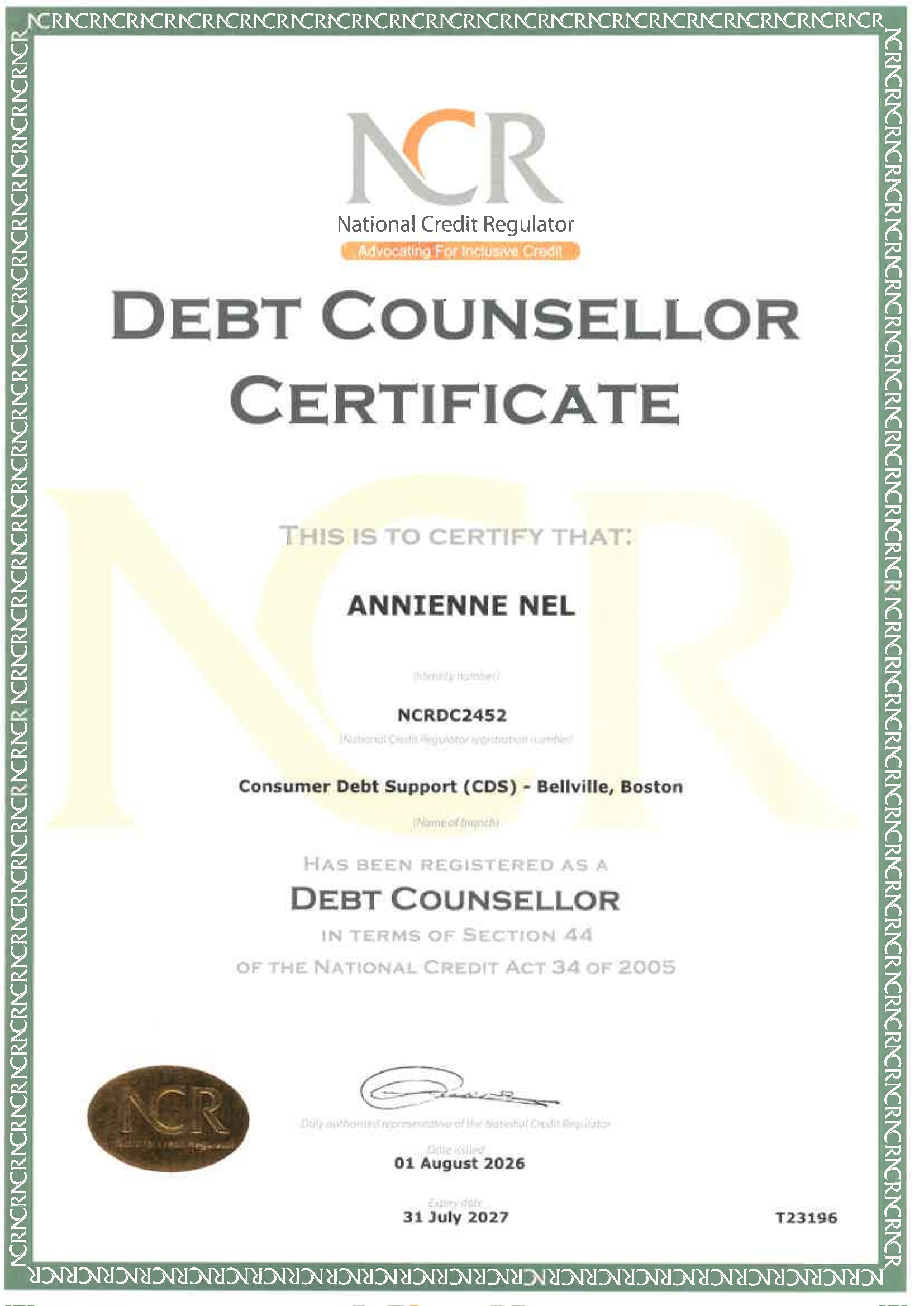 Annienne Nel — NCR Debt Counsellor Certificate